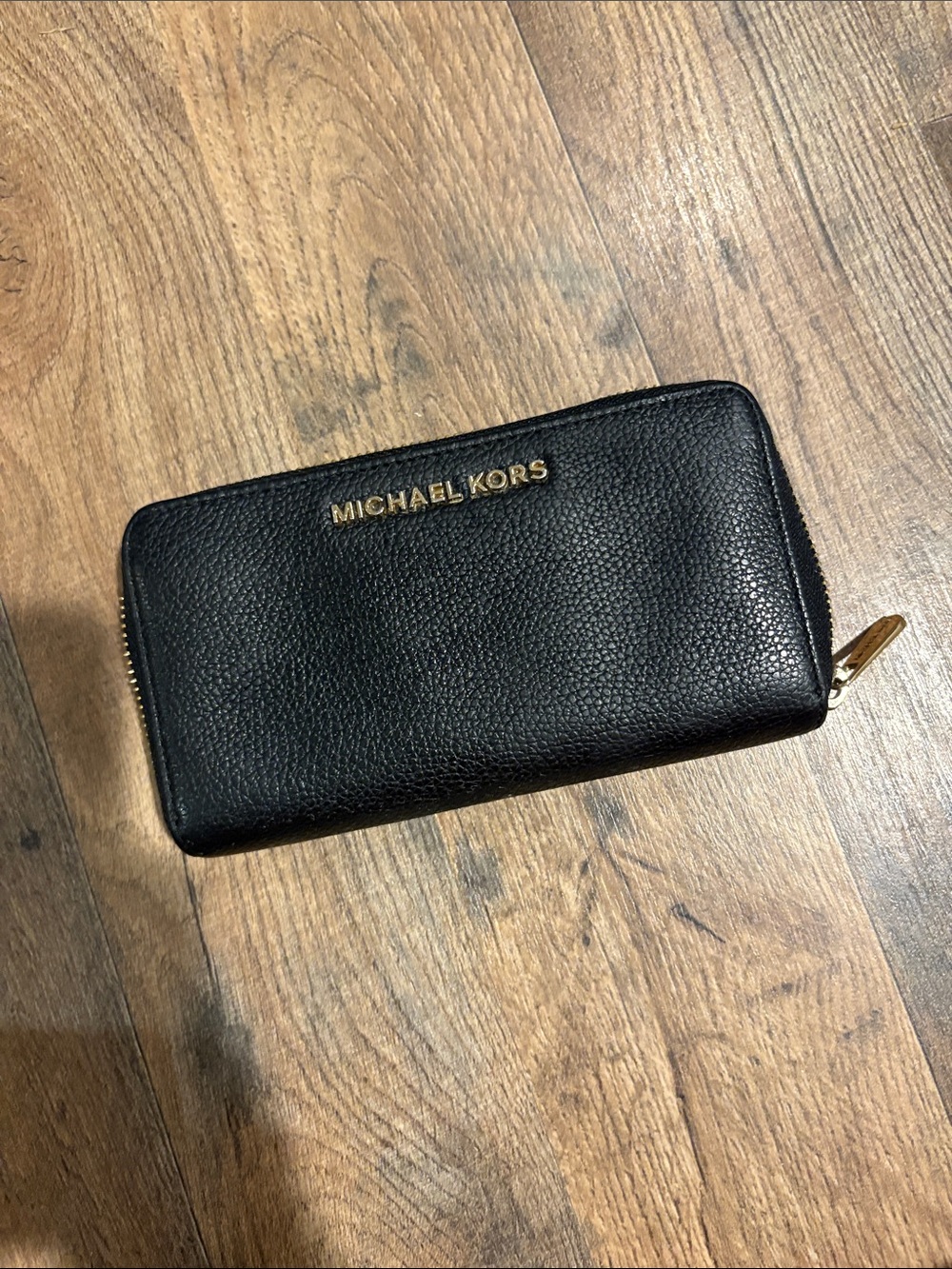 Michael Kors Black Leather Zip Wallet with Gold Hardware